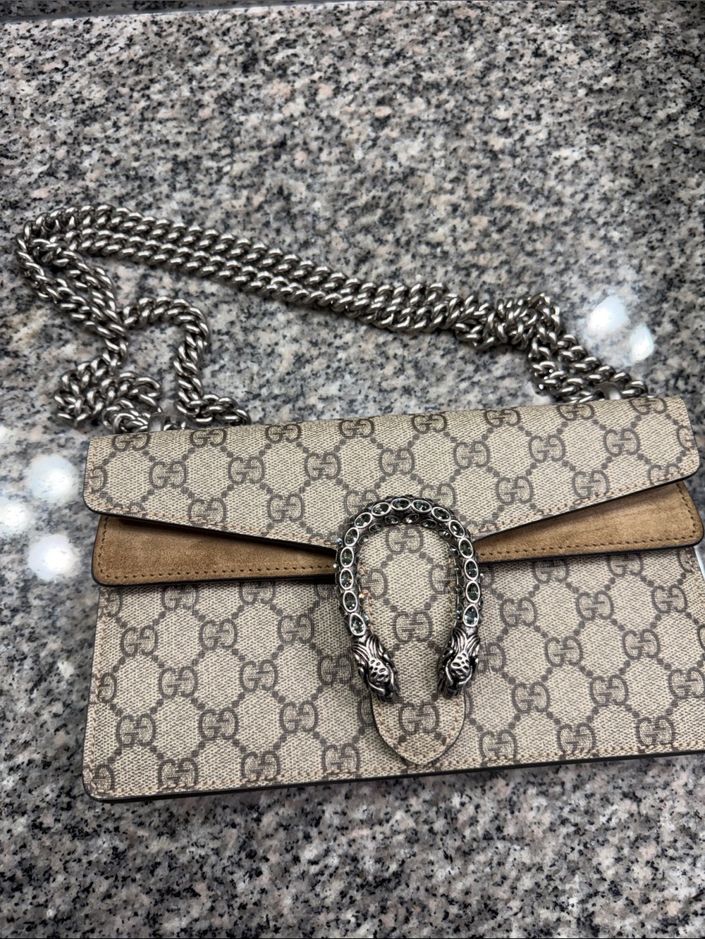 Gucci Beige Monogram Crossbody with Silver-Tone Chain
